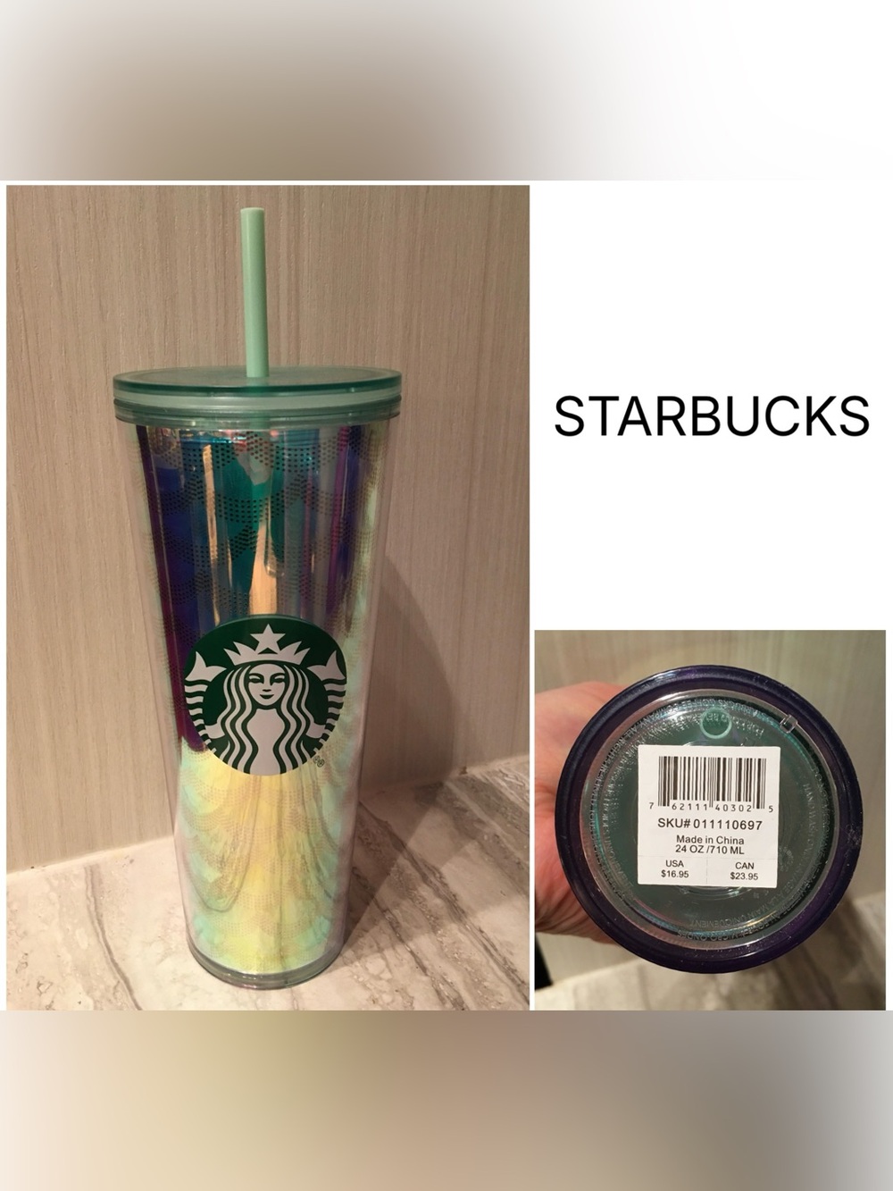 🆕STARBUCKS - NWT - TEAL IRIDESCENT MERMAID SIREN SCALES 24OZ COLD CUP TUMBLER